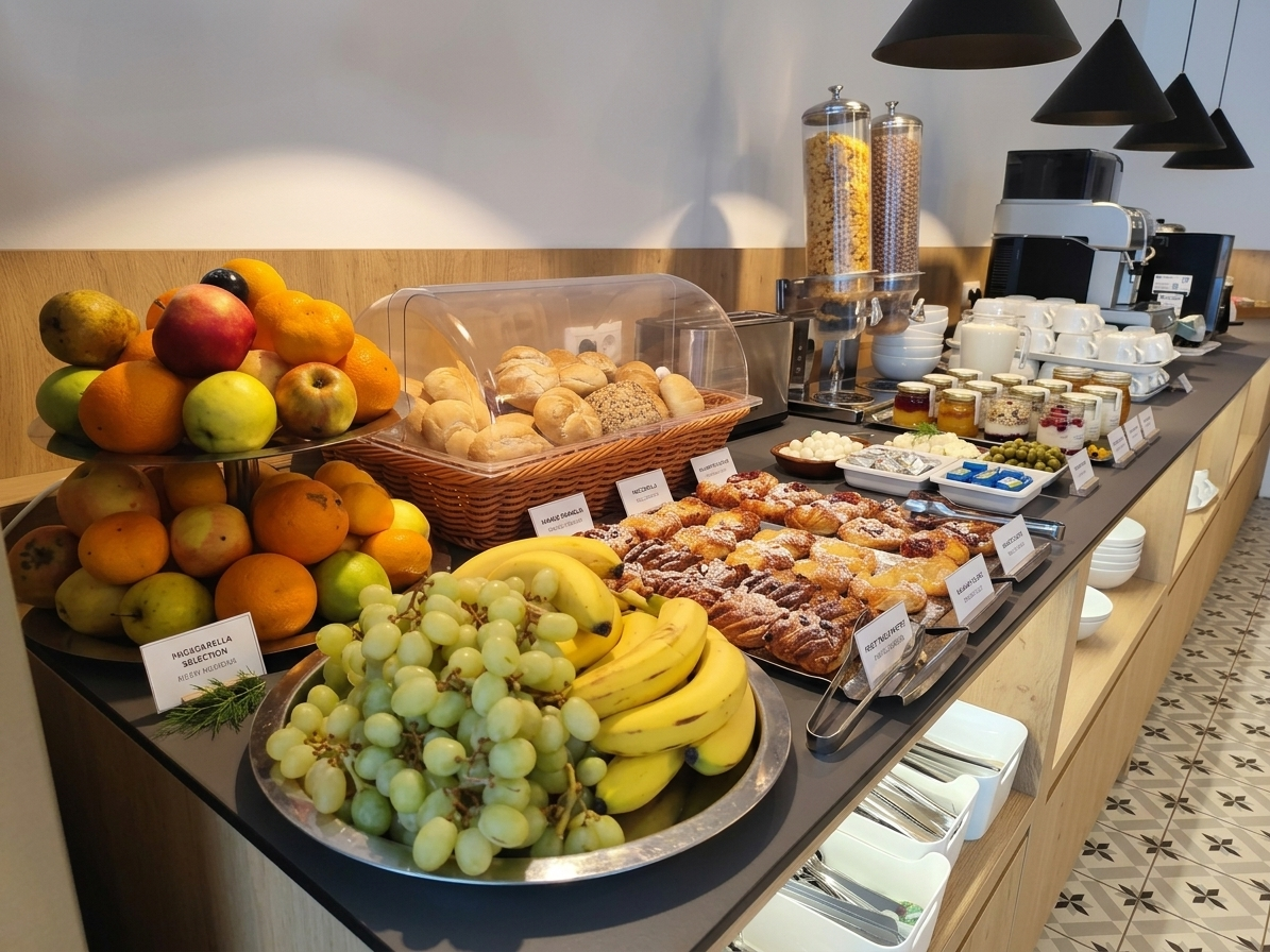 Fruit, pastries and drinks at breakfast