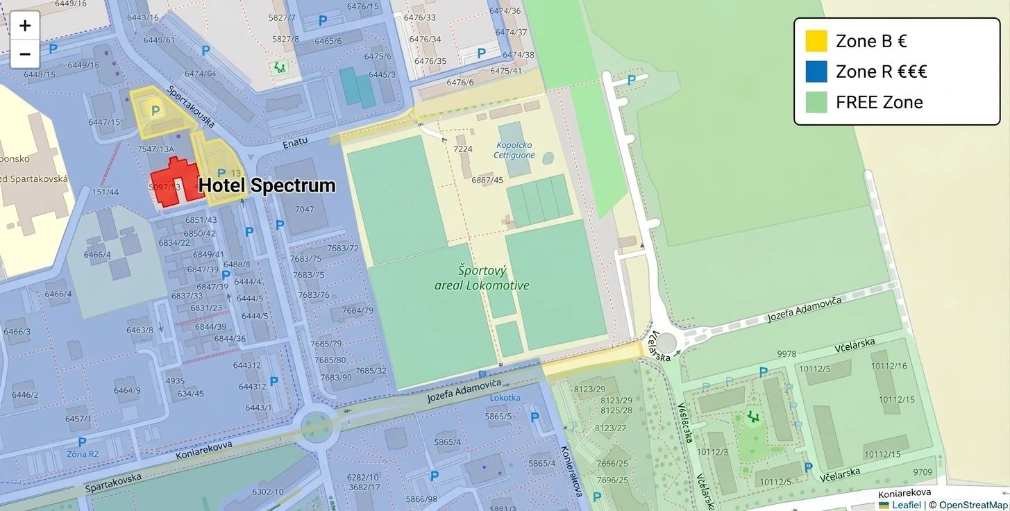 Map of parking zones around Hotel Spectrum Trnava